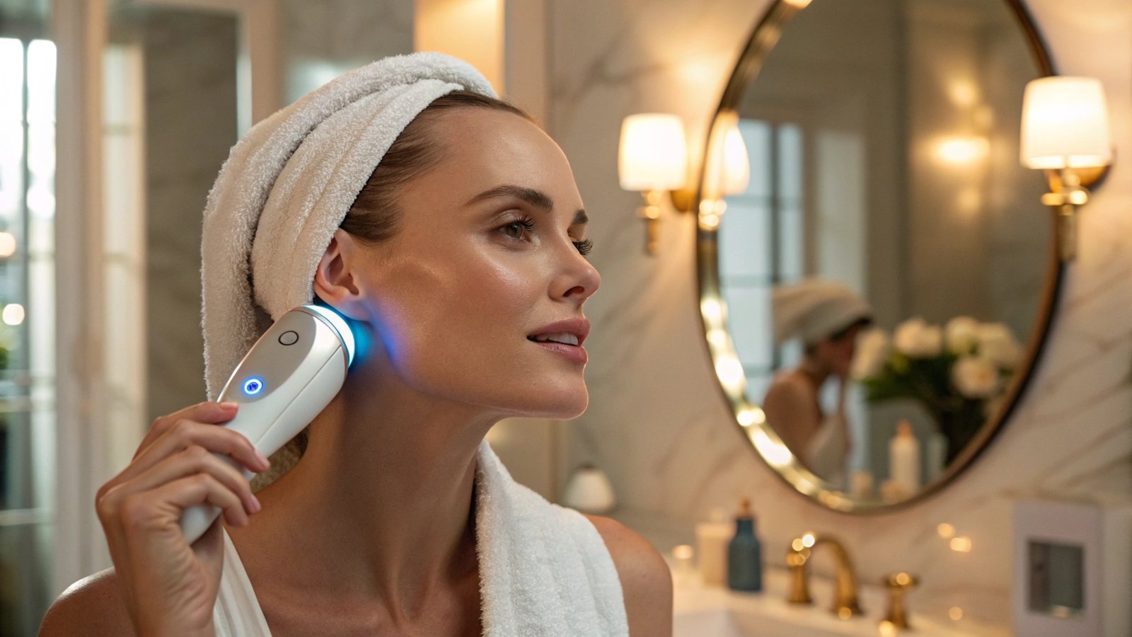 One woman using EMS facial device