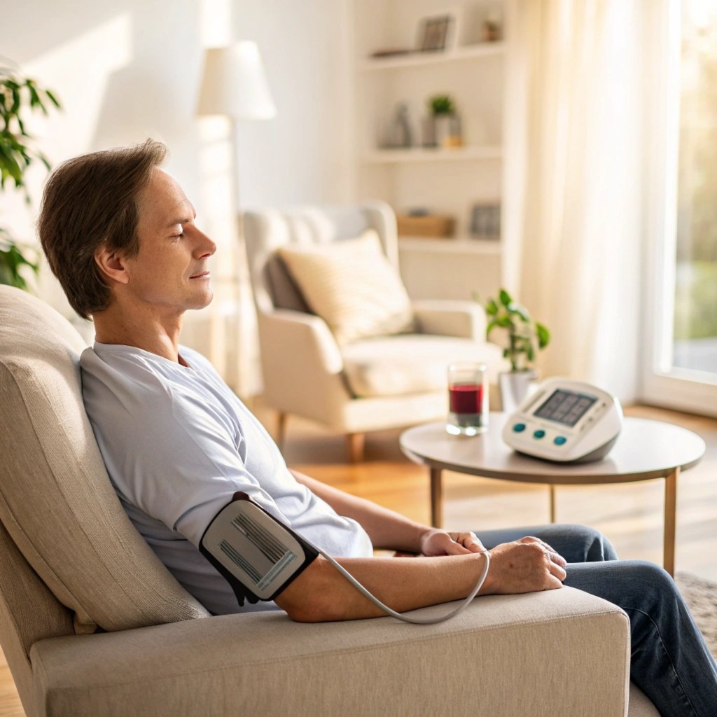 A man using an EMS blood pressure monitor in a cozy living room.