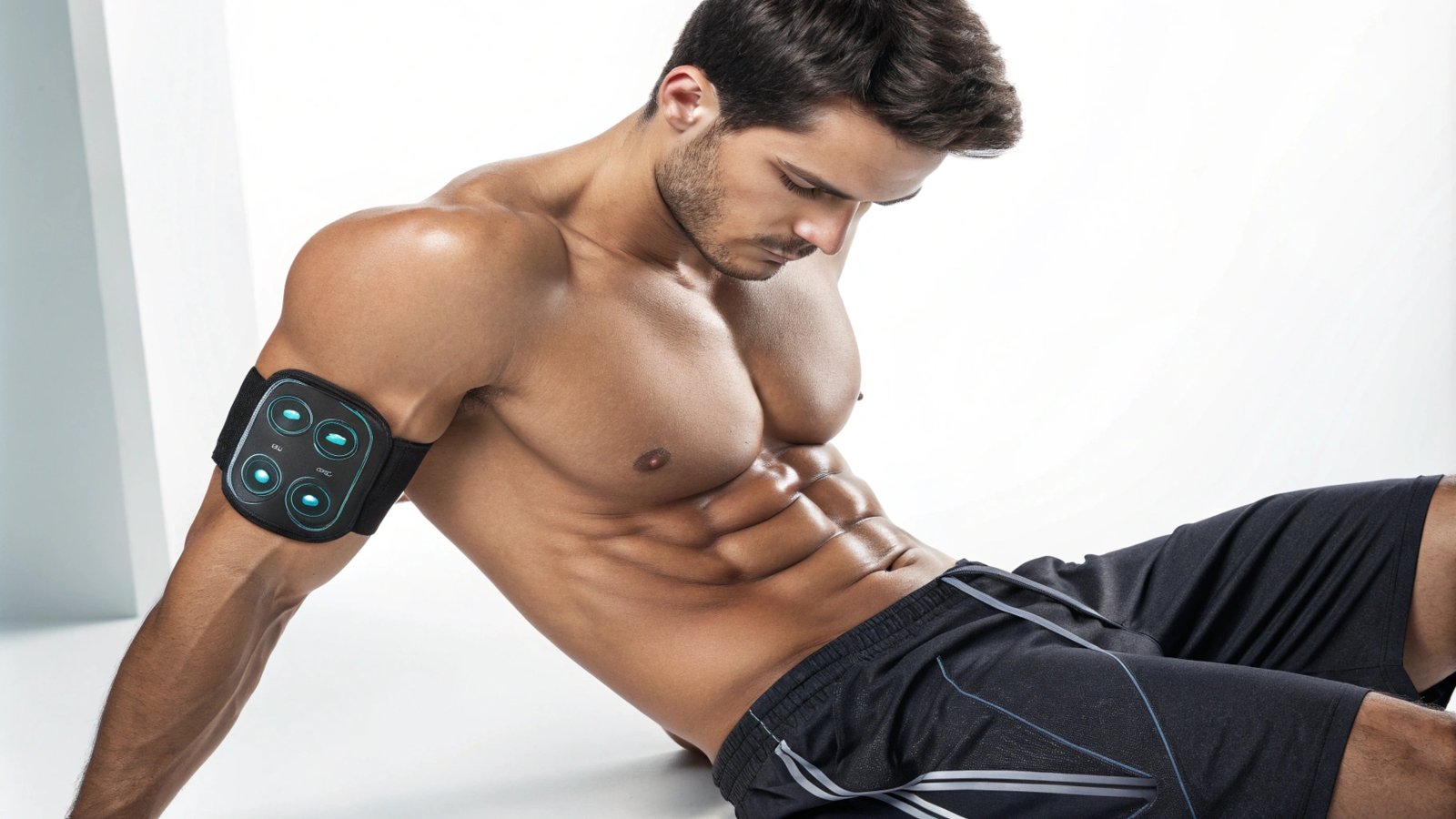 Man using EMS devices on arms for muscle stimulation.