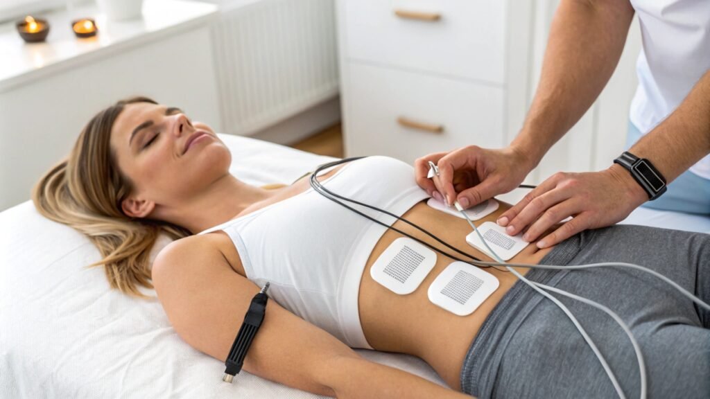 close up view of person lying on treatment bed with TENS Therapy